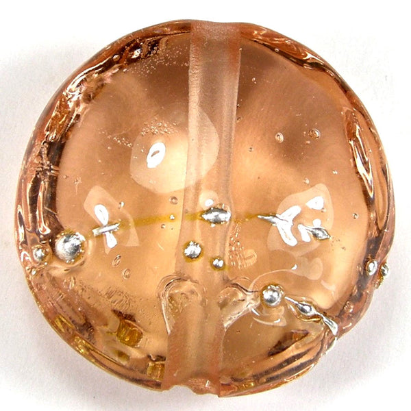 Handmade Lampwork Glass Focal Bead, Large Lentil Peach Wrapped in Fine Silver
