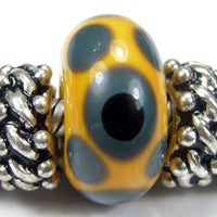 Handmade Large Hole Lampwork Beads, Glass Charms Apricot Metallic Black Dots