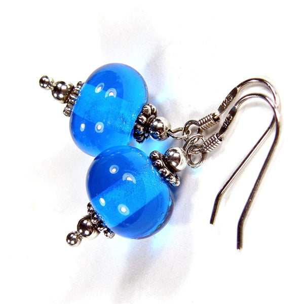 Aqua Blue Lampwork Dangle Earrings, Sterling Silver Artisan Handmade Jewelry