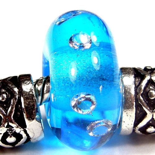 Handmade Large Hole Lampwork Beads, Aqua Blue Cubic Zirconias Shiny