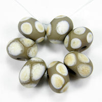 Handmade Lampwork Glass Dot Beads, Avocado Green Ivory Etched