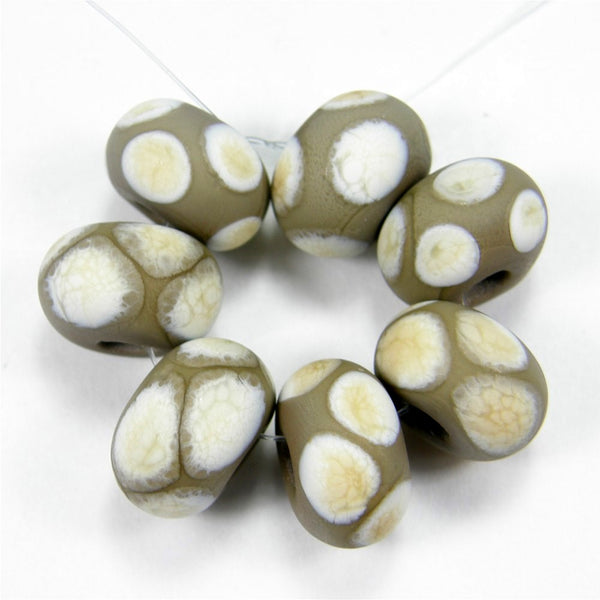 Handmade Lampwork Glass Dot Beads, Avocado Green Ivory Etched