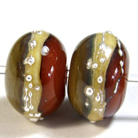 Handmade Lampwork Glass Band Beads, Avocado Tangerine Silvered Ivory Band Silver