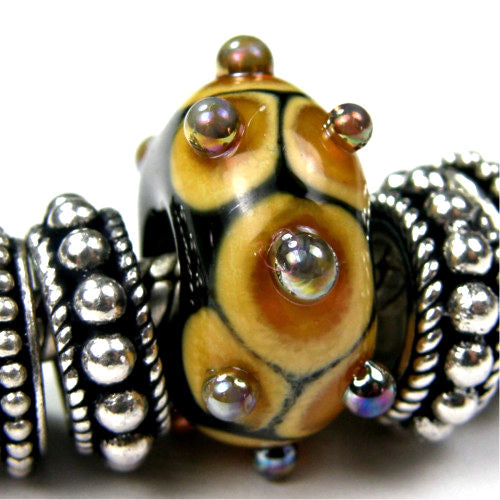 Handmade Large Hole Lampwork Beads, Euro Style Glass Bead, Black Brown Tan Aurae Dots