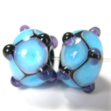Handmade Lampwork Glass Dot Beads, Black Aqua Ink Blue Shiny