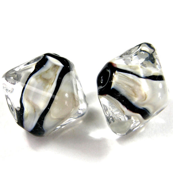 Handmade Lampwork Glass Diamond Beads, Black Clear Fossiled Ivory Stripes Shiny