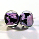 Handmade Lampwork Glass Beads, Black Purple Trails Encased Shiny