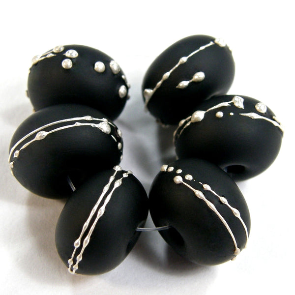 Handmade Lampwork Glass Beads, Black Fine Silver Etched 064efs