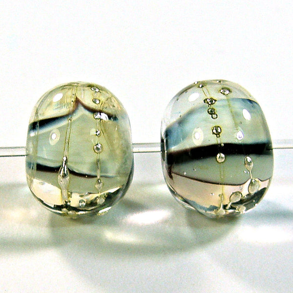 Handmade Lampwork Glass Bead Pairs, Fossiled Ivory Black Encased Silver Shiny