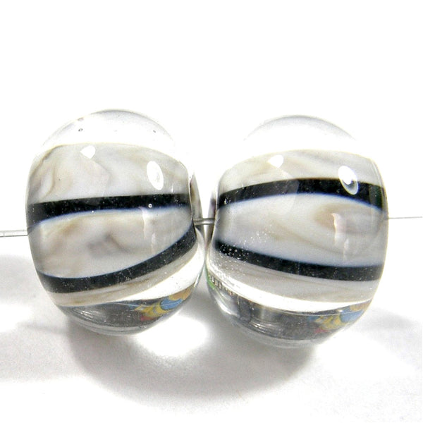 Handmade Lampwork Glass Striped Beads, Black Clear Fossiled Ivory Encased