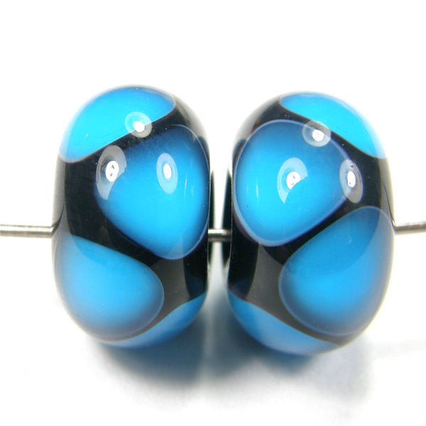 Handmade Lampwork Glass Dot Beads, Black, Aqua, Shiny