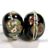 Handmade Lampwork Glass Frit Beads, Black Raku Silver Shiny