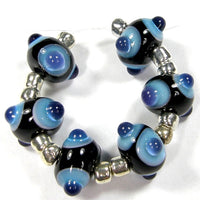 Handmade Lampwork Glass Bead Pairs, Black Blue Dots Shiny