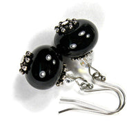 Dressy Classic Black Lampwork Dangle Earrings with Swarovski Crystals Sterling Silver