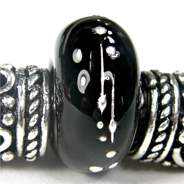 Handmade Large Hole Lampwork Beads, Glass European Bracelet Bead, Black Silver Shiny