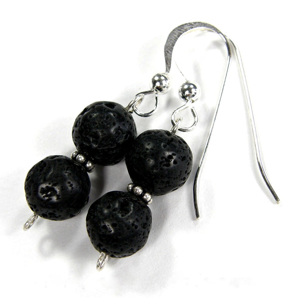 Double Black Lava Rock Gemstone Dangle Earrings, Sterling Silver Handmade Jewelry