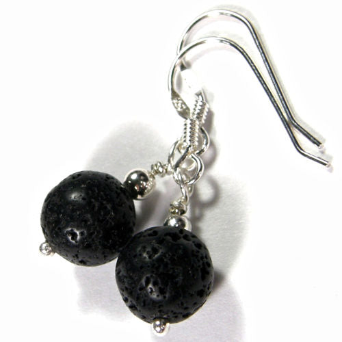 Simple Black Lava Rock Gemstone Dangle Earrings, Sterling Silver, Artisan Handmade Jewelry