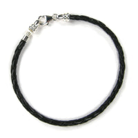 Black Braided Leather Charm Bracelet With Sterling Silver Threaded End Cap
