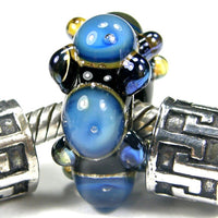 Handmade Large Hole Lampwork Beads, Artisan Glass Charm Blue Stripes Air Bubbles