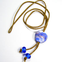 Misty Pink Blue White Lampwork Necklace, Adjustable Tan Leather Lace Cord