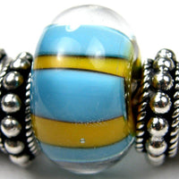 Handmade Large Hole Lampwork Beads, Artisan Glass Charm, Blue Yellow Stripes