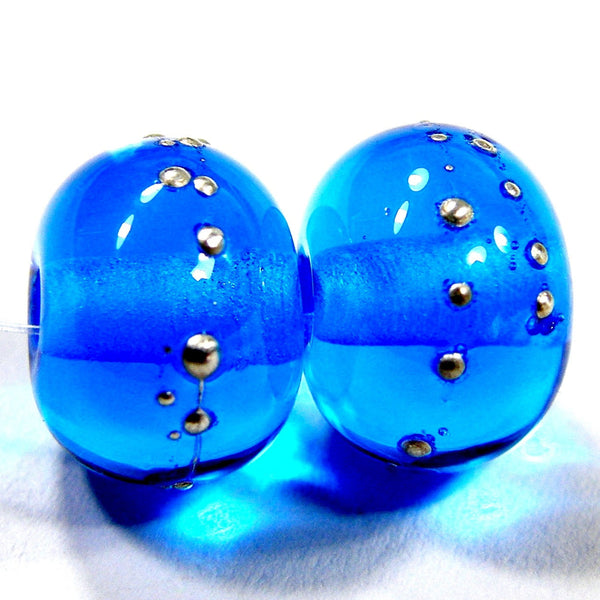 Handmade Lampwork Glass Beads, Dark Aqua Blue Fine Silver Shiny 036gfs