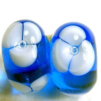 Handmade Lampwork Glass Flower Beads, Aqua Blue White Transparent Shiny