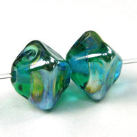 Handmade Lampwork Glass Diamond Beads, Aqua Blue Aurae Band Shiny