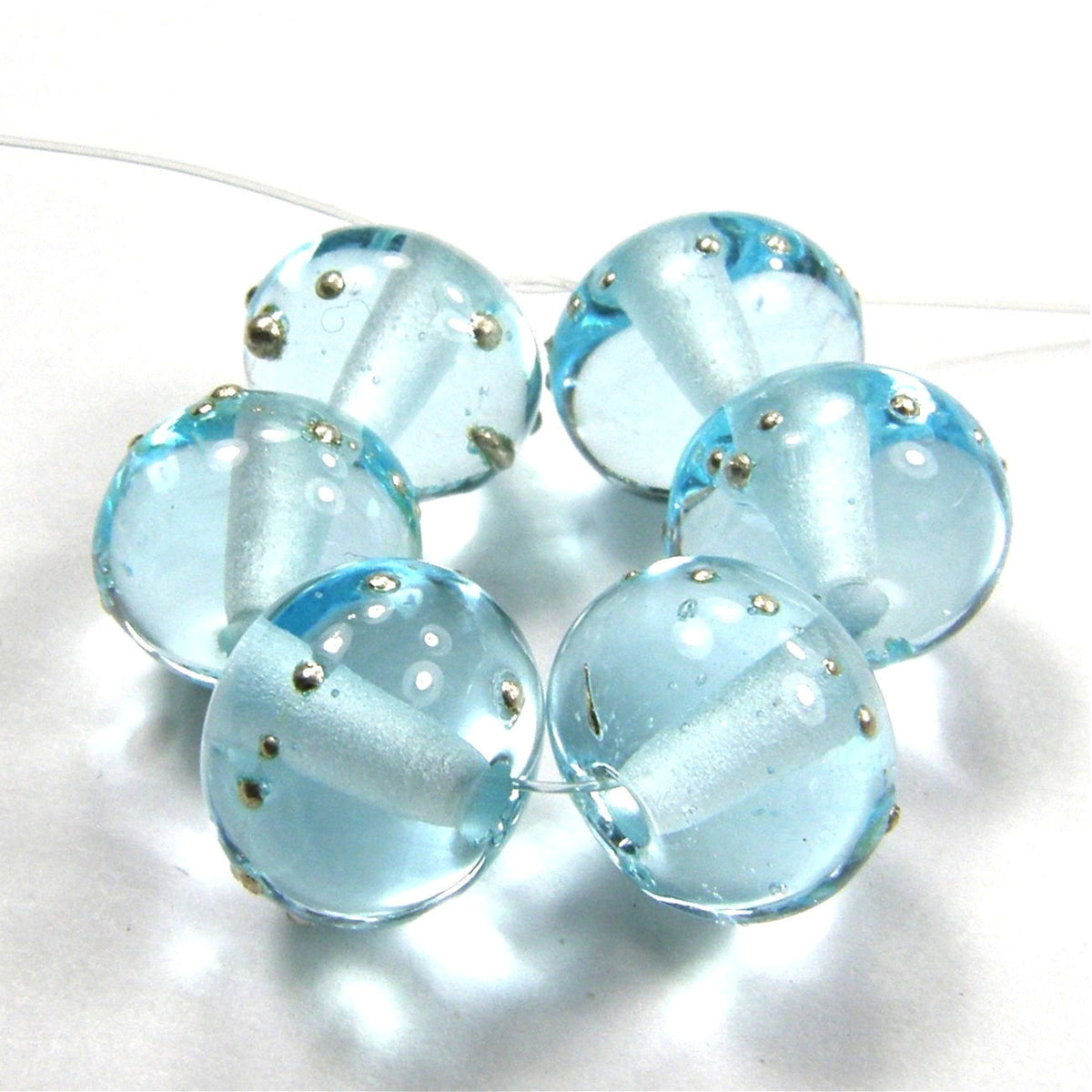 Handmade Lampwork Glass Beads Pale Aqua Blue Silver Shiny Covergirlbeads 2656