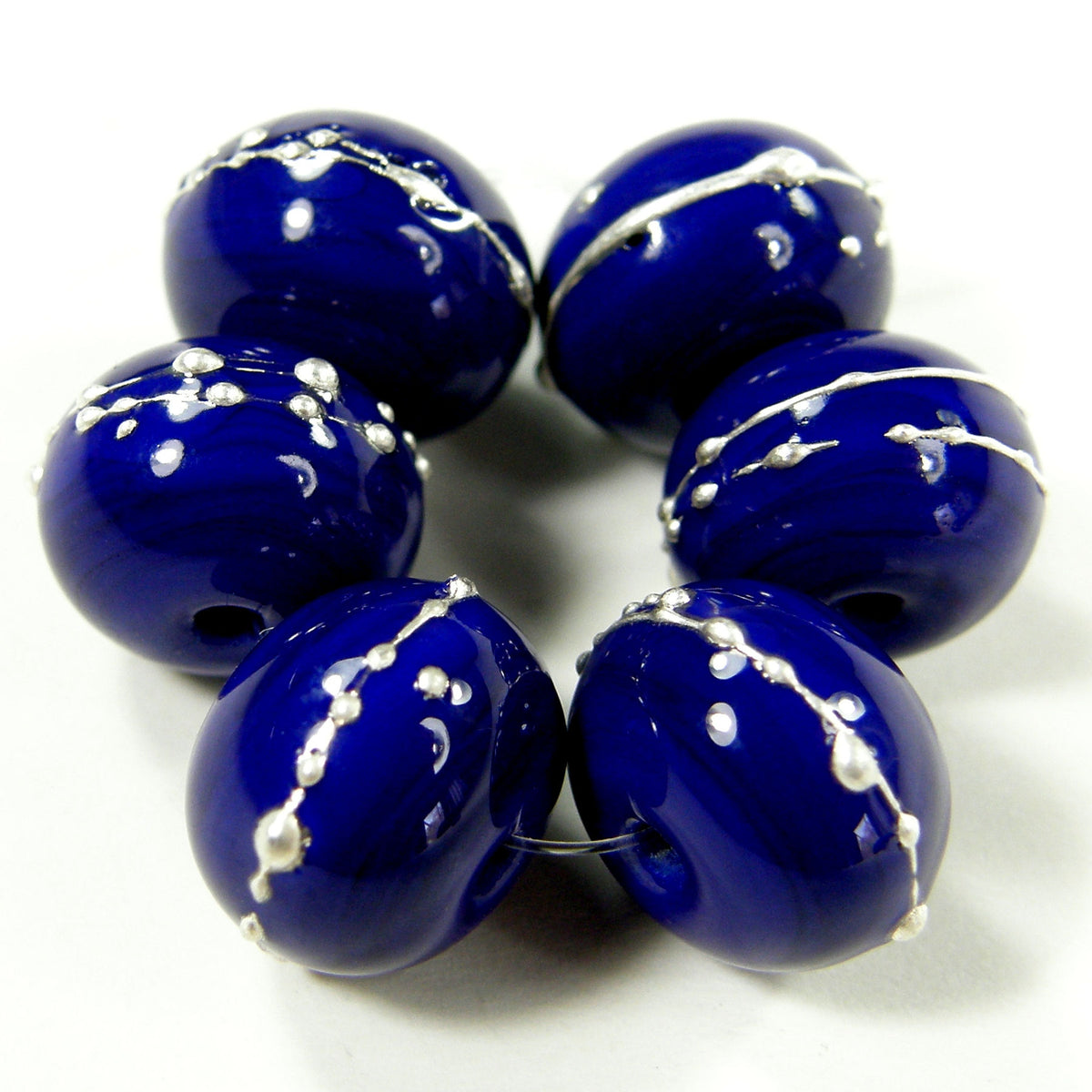 Handmade Lampwork Glass Beads, Dark Lapis Cobalt Blue Silver Shiny ...