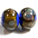 Handmade Lampwork Glass Frit Beads, Cobalt Blue Band Raku Yellow Shiny