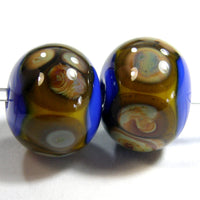 Handmade Lampwork Glass Frit Beads, Cobalt Blue Band Raku Yellow Shiny
