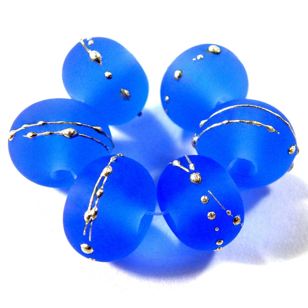 Handmade Lampwork Glass Beads, Dark Blue, Silver Etched Frosted 056efs
