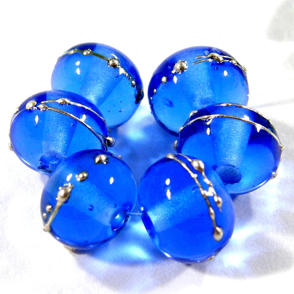 Handmade Lampwork Glass Beads, Dark Blue Silver Shiny Glossy 056gfs