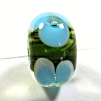 Handmade Lampwork Glass Beads, Blue Flowers Green Vines Clear Shiny
