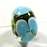 Handmade Lampwork Glass Beads, Blue Flowers Green Vines Clear Shiny