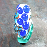 Handmade Lampwork Glass Focal Bead, Oblong Blue Coral Green Dots Shiny