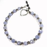 Blue Lace Agate Gemstone Bracelet, Sterling Silver, Heart Toggle Clasp