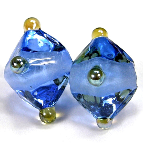 Handmade Lampwork Glass Diamond Beads, Light Blue Aurae Dots Shiny