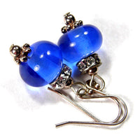 Transparent Dark Blue Lampwork Dangle Earrings Swarovski Crystals Sterling Silver