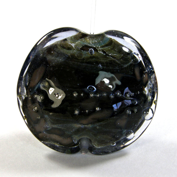 Handmade Lampwork Glass Lentil Focal Bead XL Encased Dark Matter Fine Silver