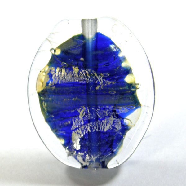 Handmade Lampwork Glass Focal Bead Encased Blue Silver Leaf Clear