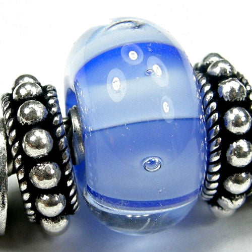 Handmade Large Hole Lampwork Beads, Artisan Glass Charm Blue Stripes Air Bubbles
