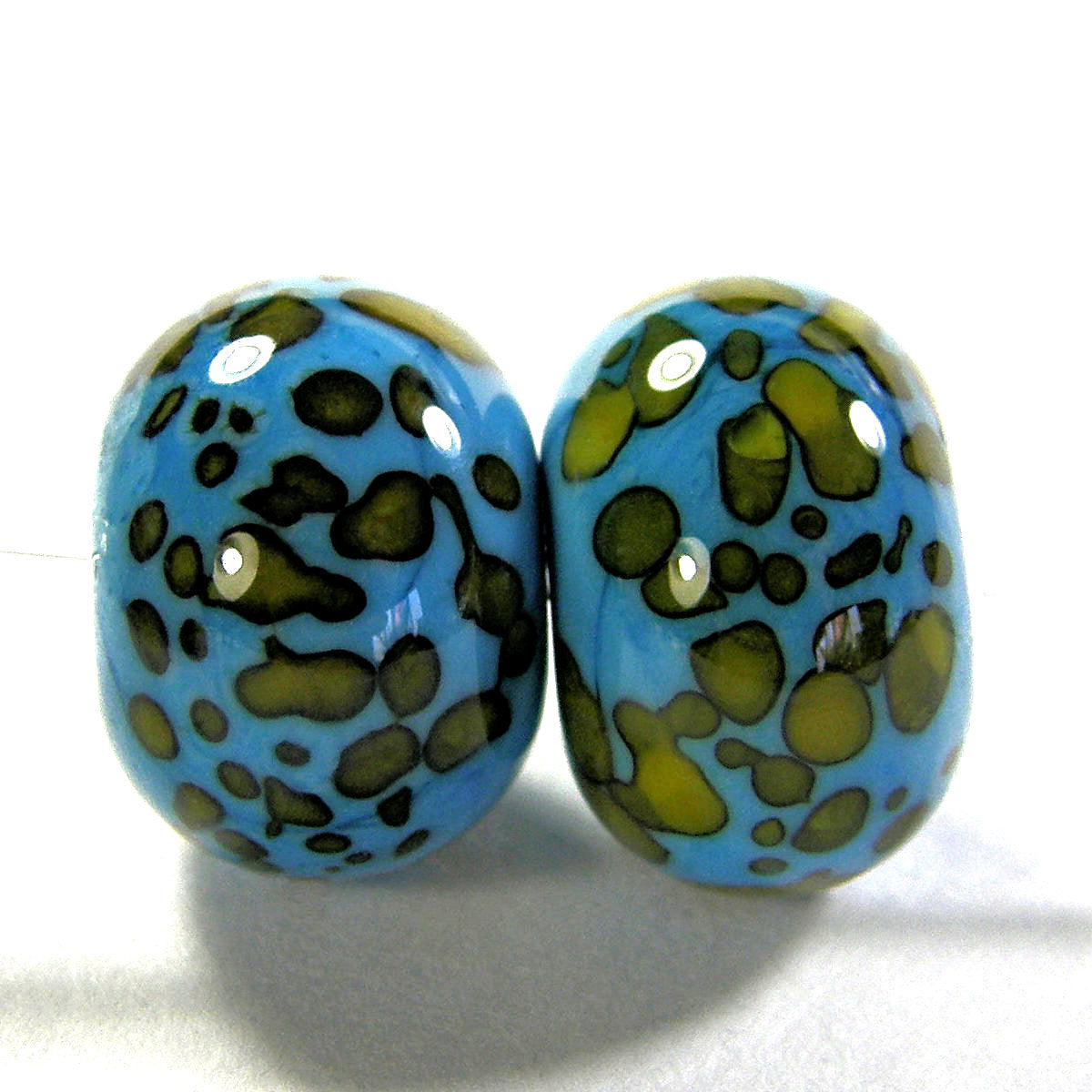 Handmade Lampwork Glass Frit Beads Dark Sky Blue Yellow Shiny Covergirlbeads 0573