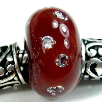 Handmade Large Hole Lampwork Beads, Mahogany, Encased Cubic Zirconias, CZ