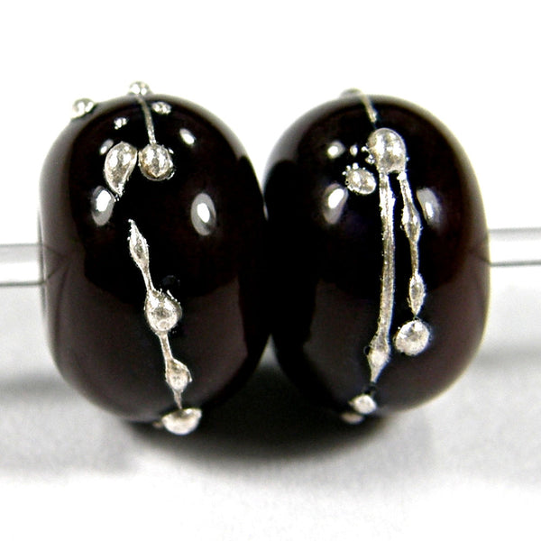 Handmade Lampwork Glass Beads, Dark Brown Silver Shiny Glossy 448gfs