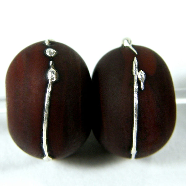 Handmade Lampwork Glass Beads, Dark Red Brown Silver Etched 452efs