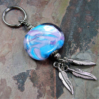 Southwestern Lavender Blue Sunset Lampwork and Feather Key Chain
