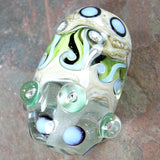 Handmade Lampwork Glass Focal Bead, Barrel Dots Ivory Blue Green Shiny