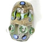 Handmade Lampwork Glass Focal Bead, Barrel Dots Ivory Blue Green Shiny
